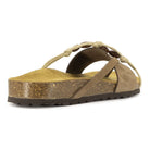 rear angle view of toffee oak & hyde ebony sandals showing heel edge and cork sole