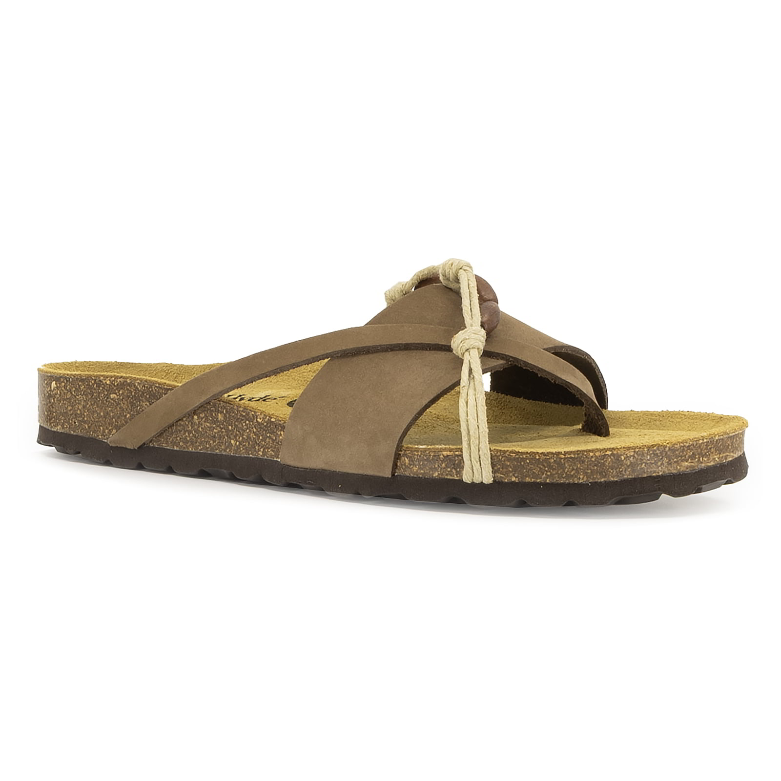 angled front view of toffee oak & hyde ebony sandals showing braided thong strap and open toe design