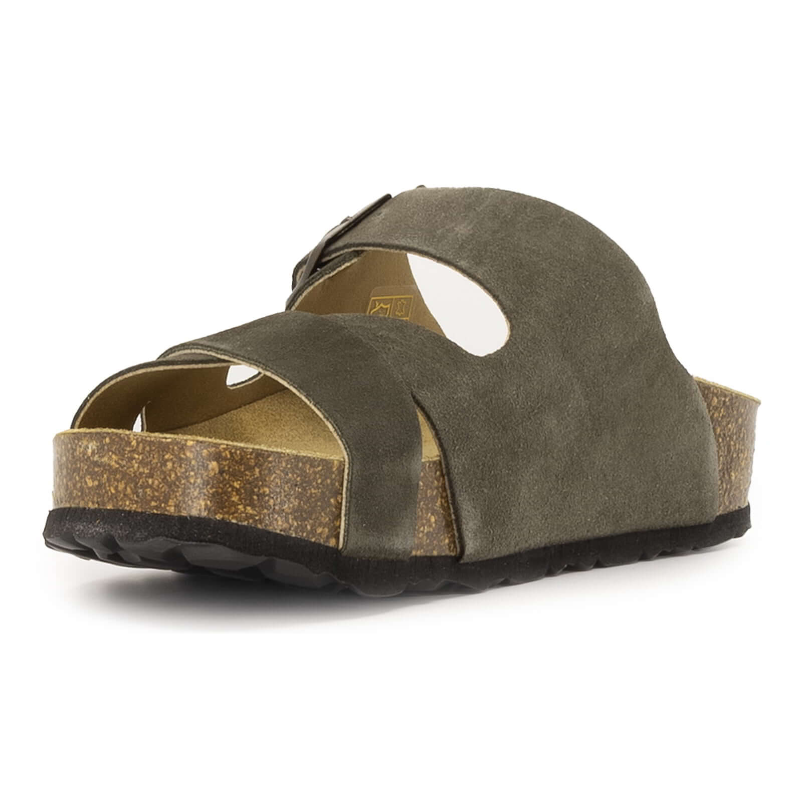 front angle view of dark grey oak & hyde elche mid castor sandals highlighting wide leather upper and contoured cork footbed