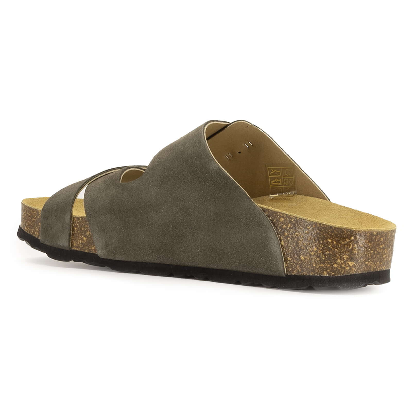 side view of dark grey oak & hyde elche mid castor sandals showing suede upper and cork midsole