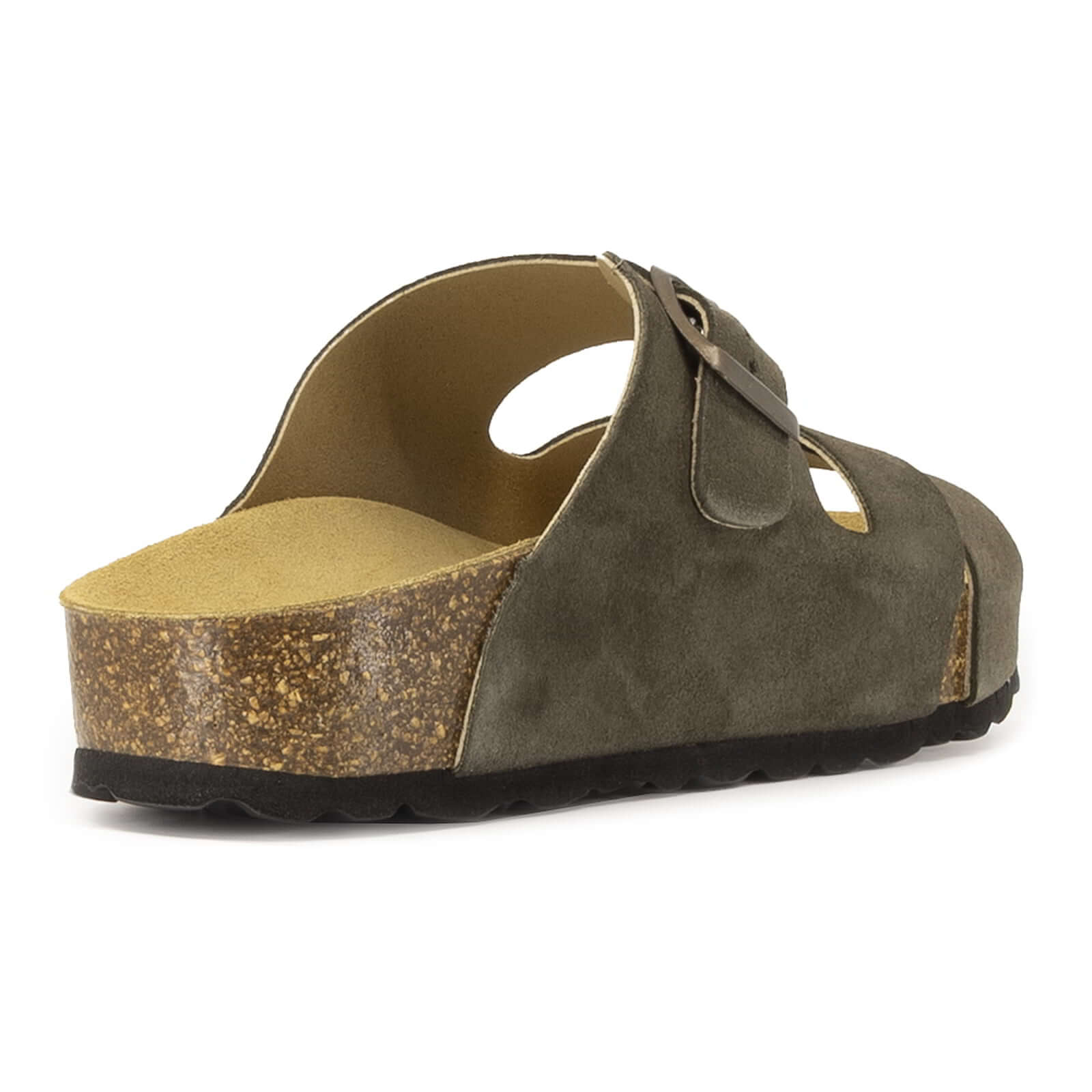 rear angle view of dark grey oak & hyde elche mid castor sandals showing heel edge and cork sole