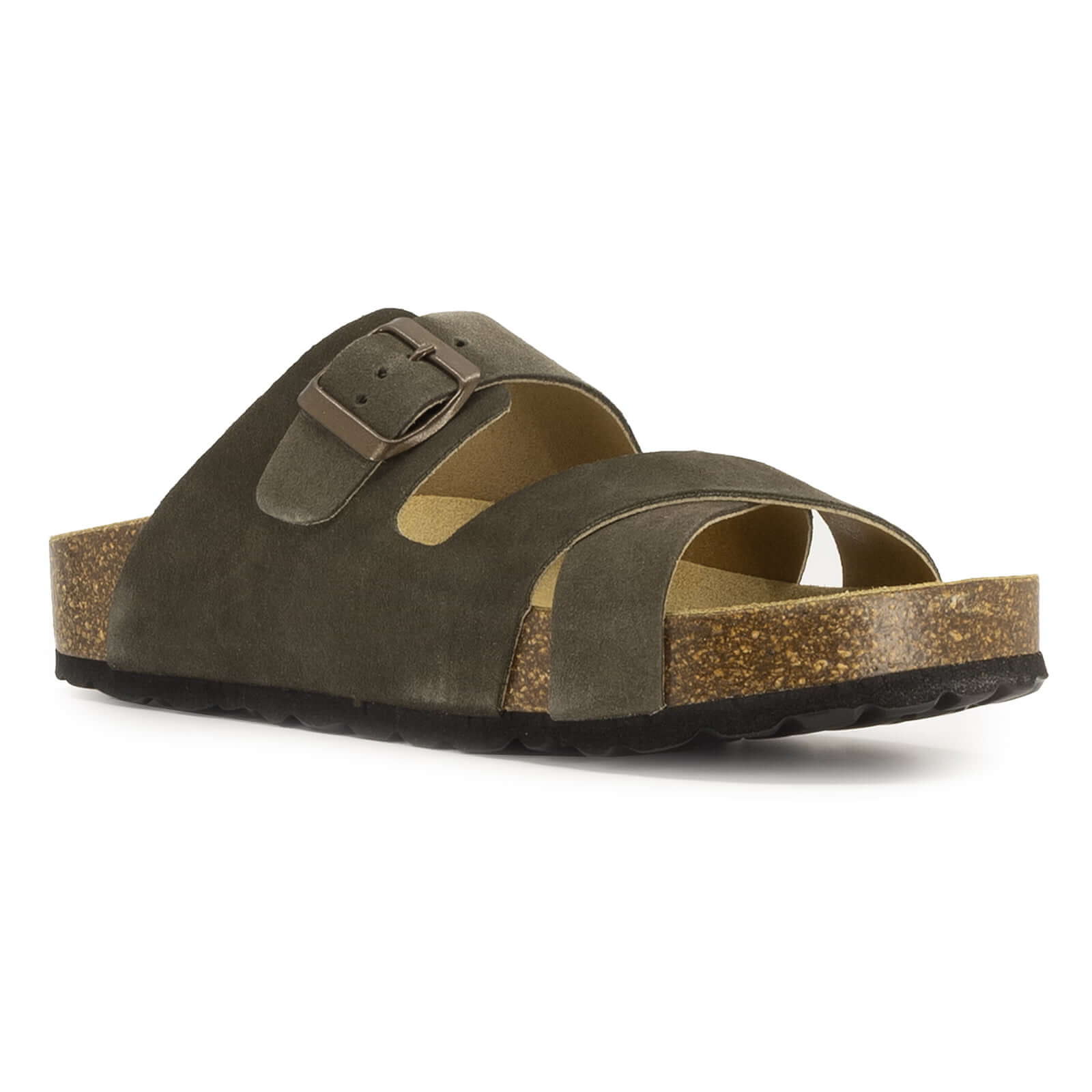 angled front view of dark grey oak & hyde elche mid castor sandals showing open toe design and buckle fastening