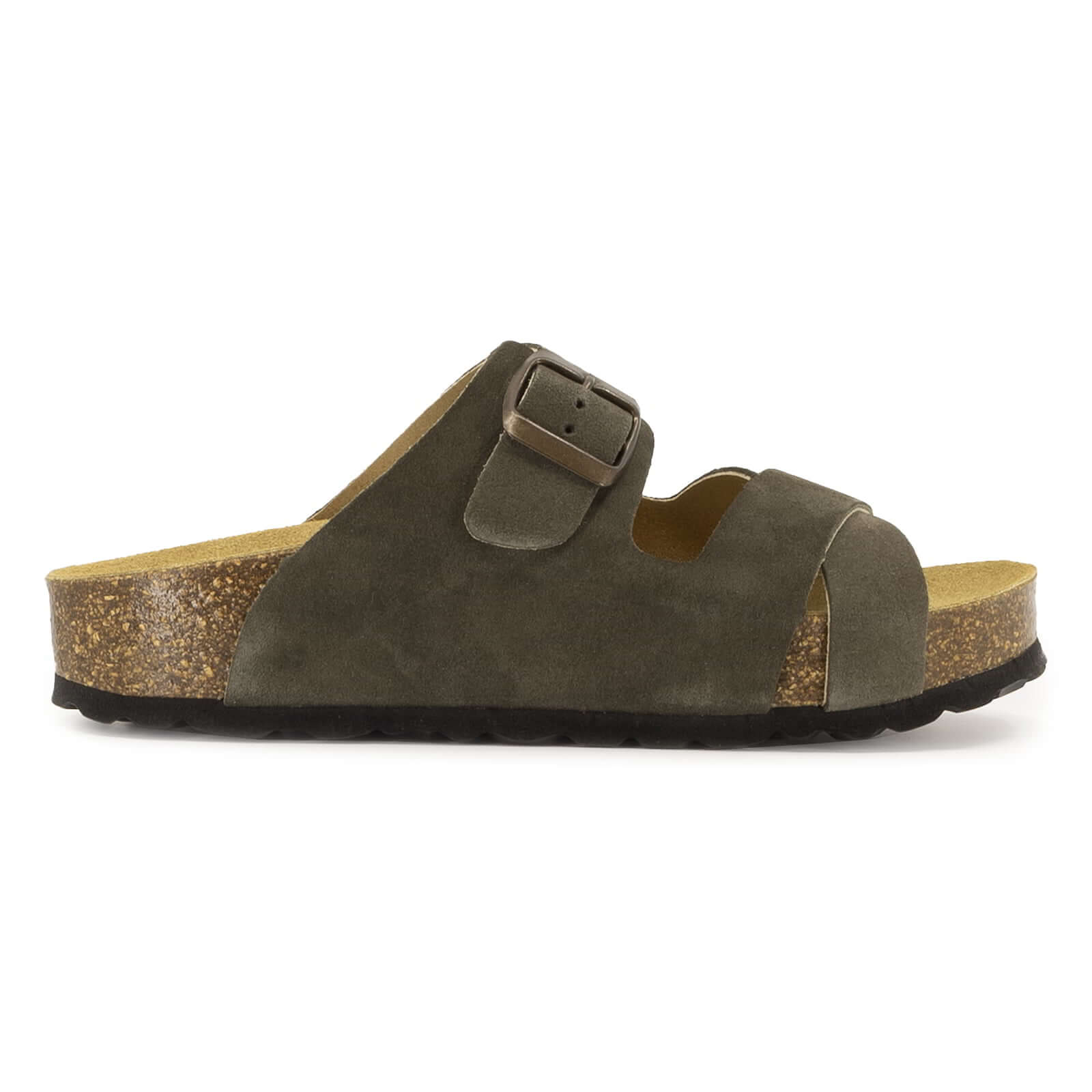 side profile of dark grey oak & hyde elche mid castor sandals with adjustable buckle strap and cork footbed