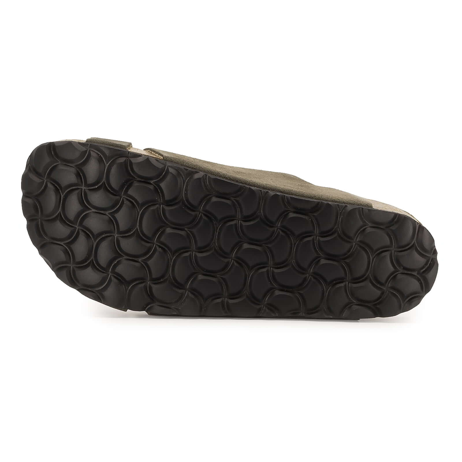outsole of dark grey oak & hyde elche mid castor sandals showing textured tread pattern
