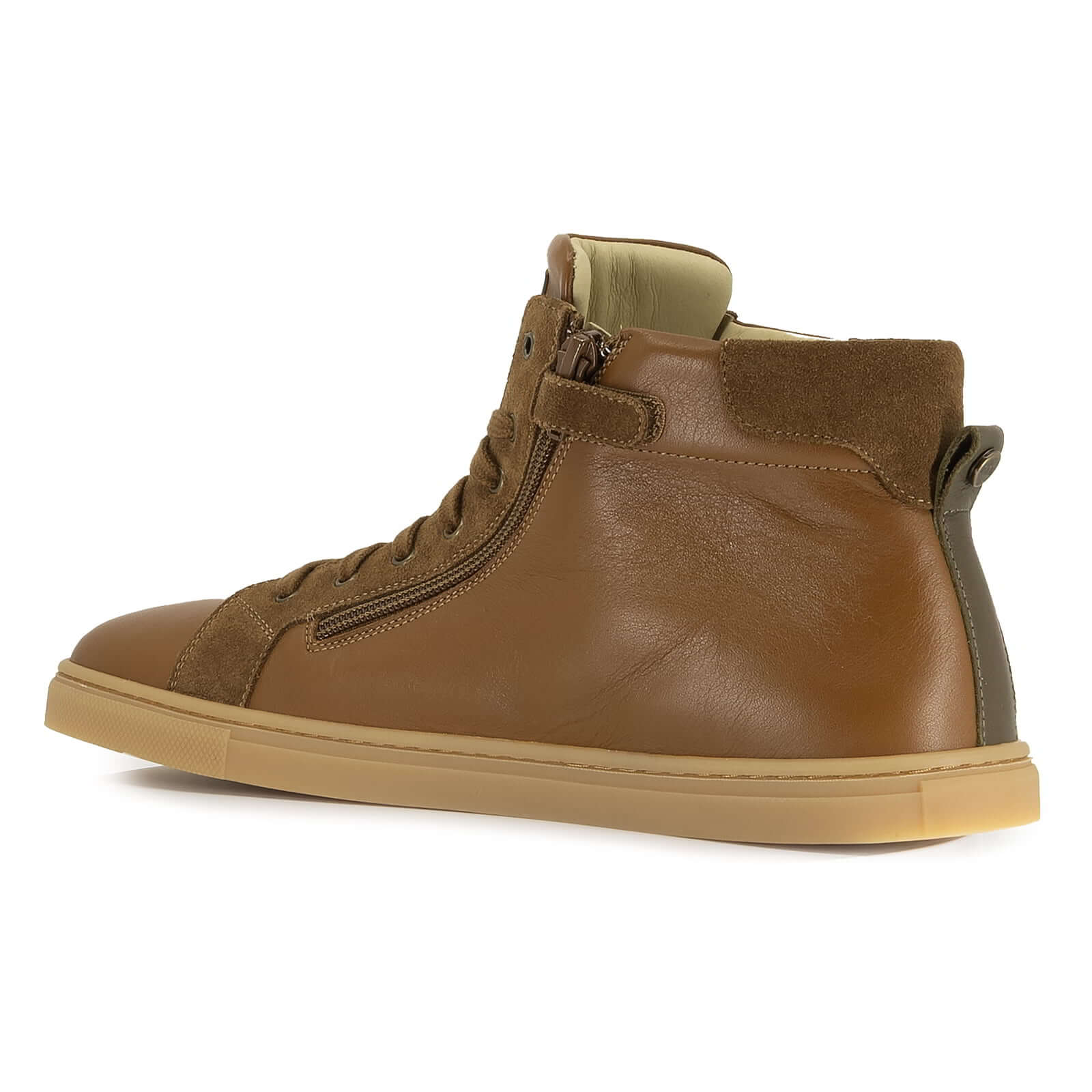 side view of tan oak & hyde elm barefoot boots highlighting zip fastening and flexible sole