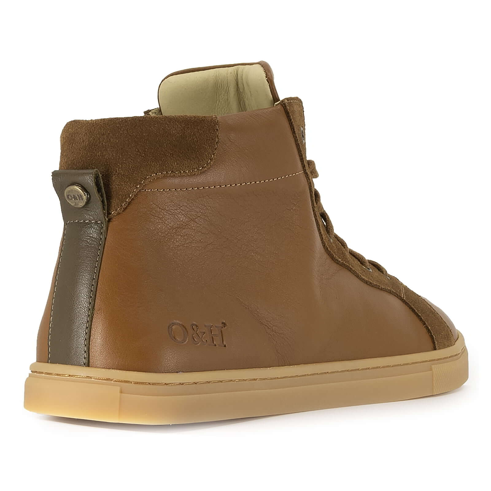 rear view of tan oak & hyde elm barefoot boots showing heel panel and barefoot profile