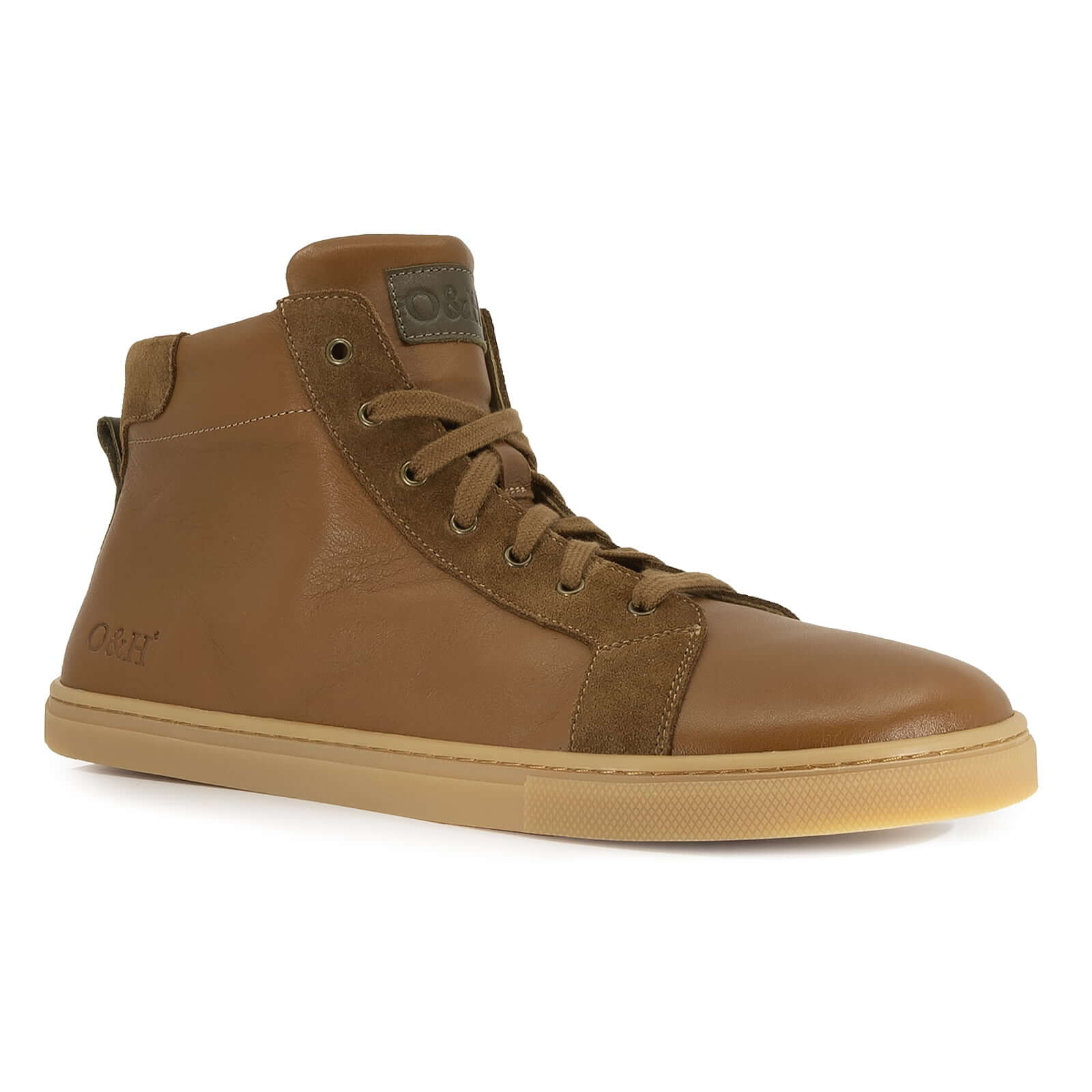 angled front view of tan oak & hyde elm barefoot boots showing natural toe shape and lace fastening