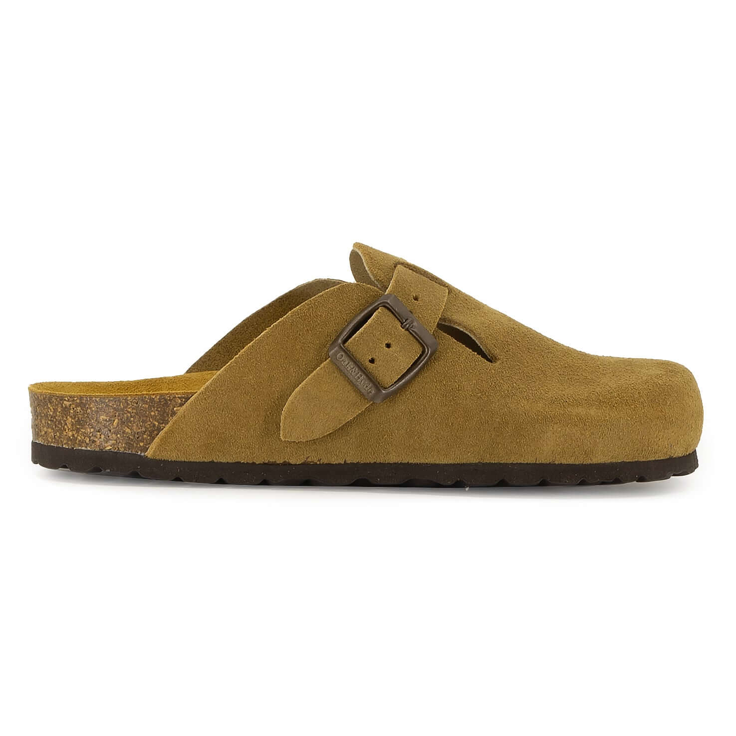 tan leather clogs from side view showing buckle detailing on white background