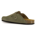 inside view of womens green leather clogs showing cork footbed and suede upper
