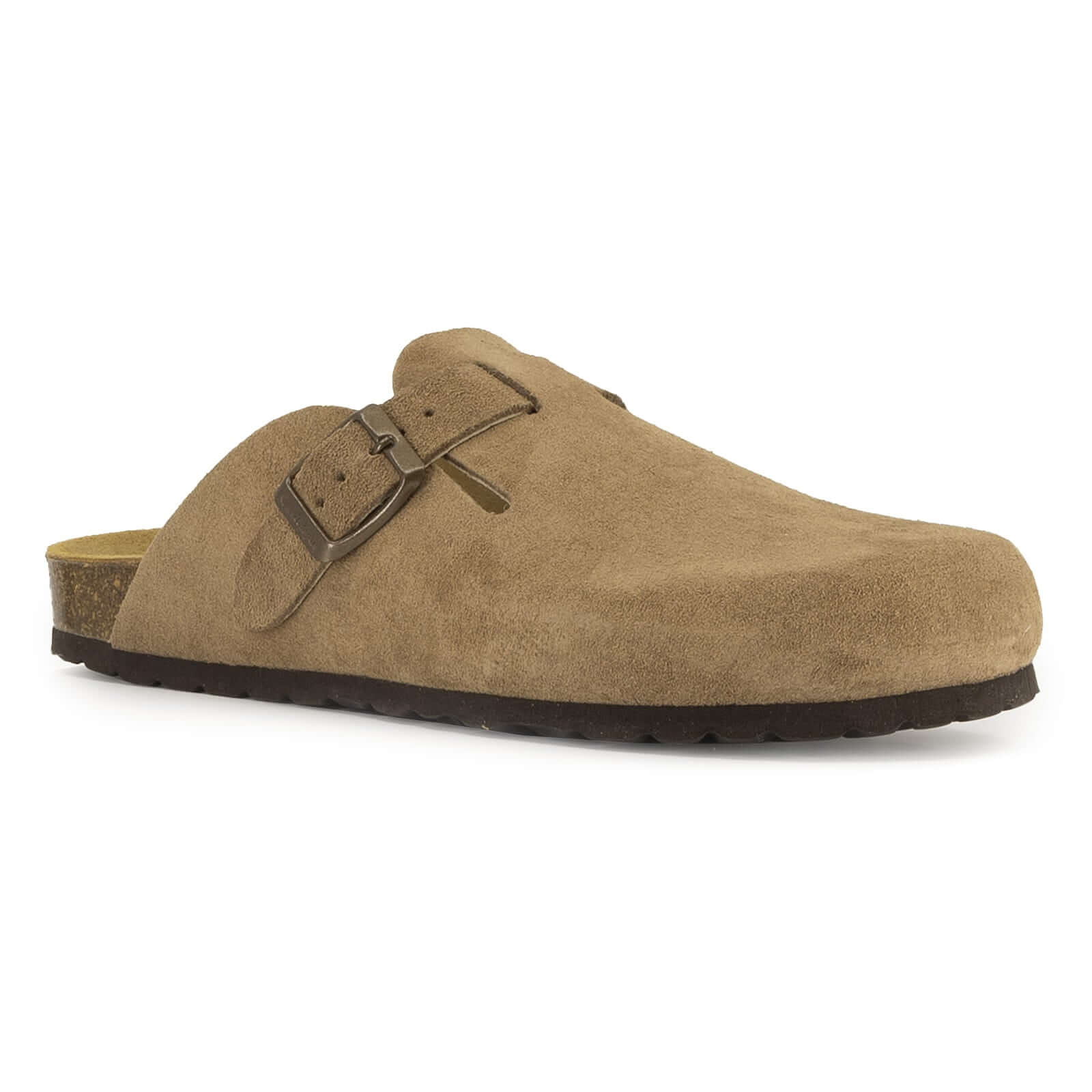 side angled image of light brown leather clogs showing suede leather upper