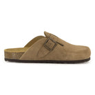 side profile of light brown leather clogs showing buckle detailing on white background