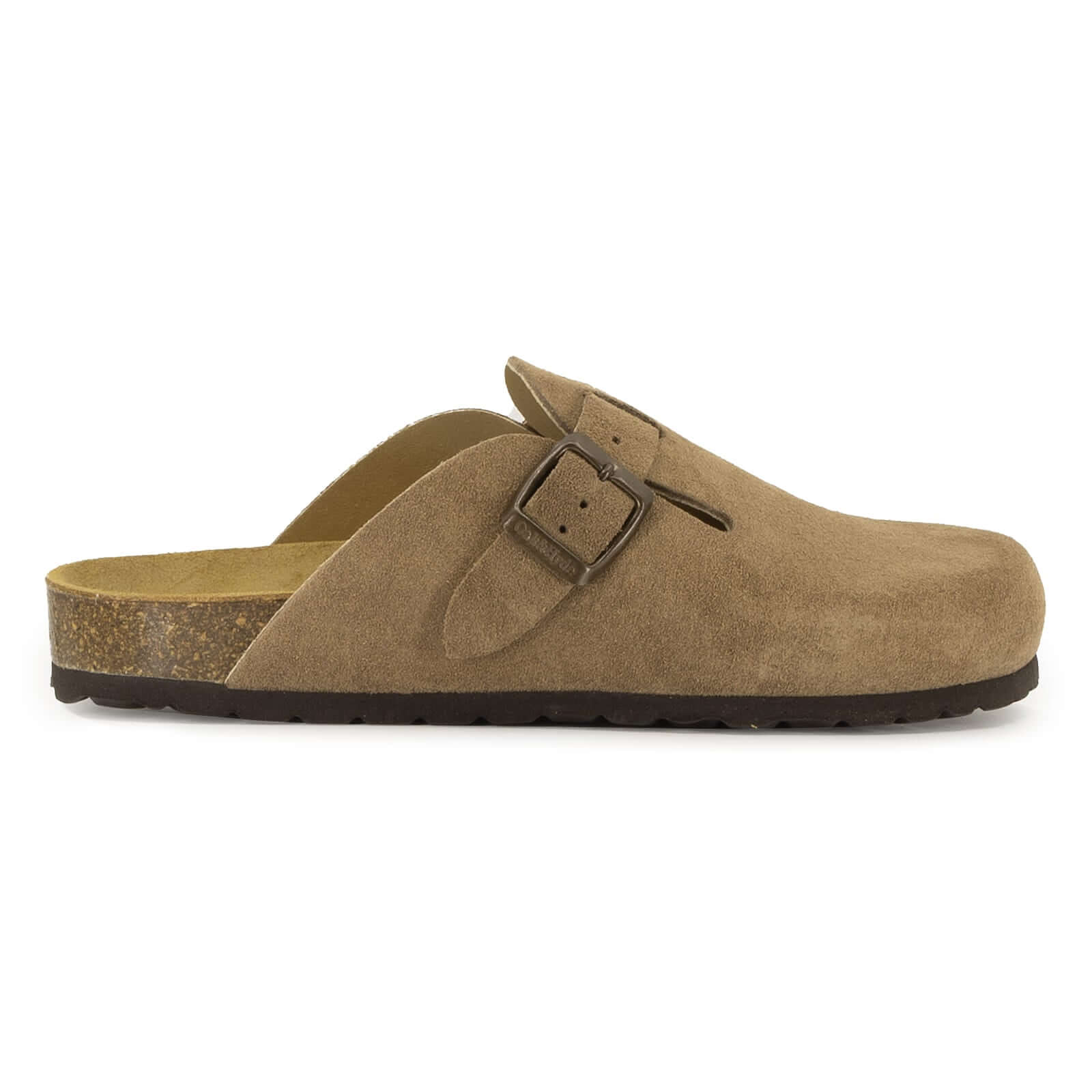 side profile of light brown leather clogs showing buckle detailing on white background