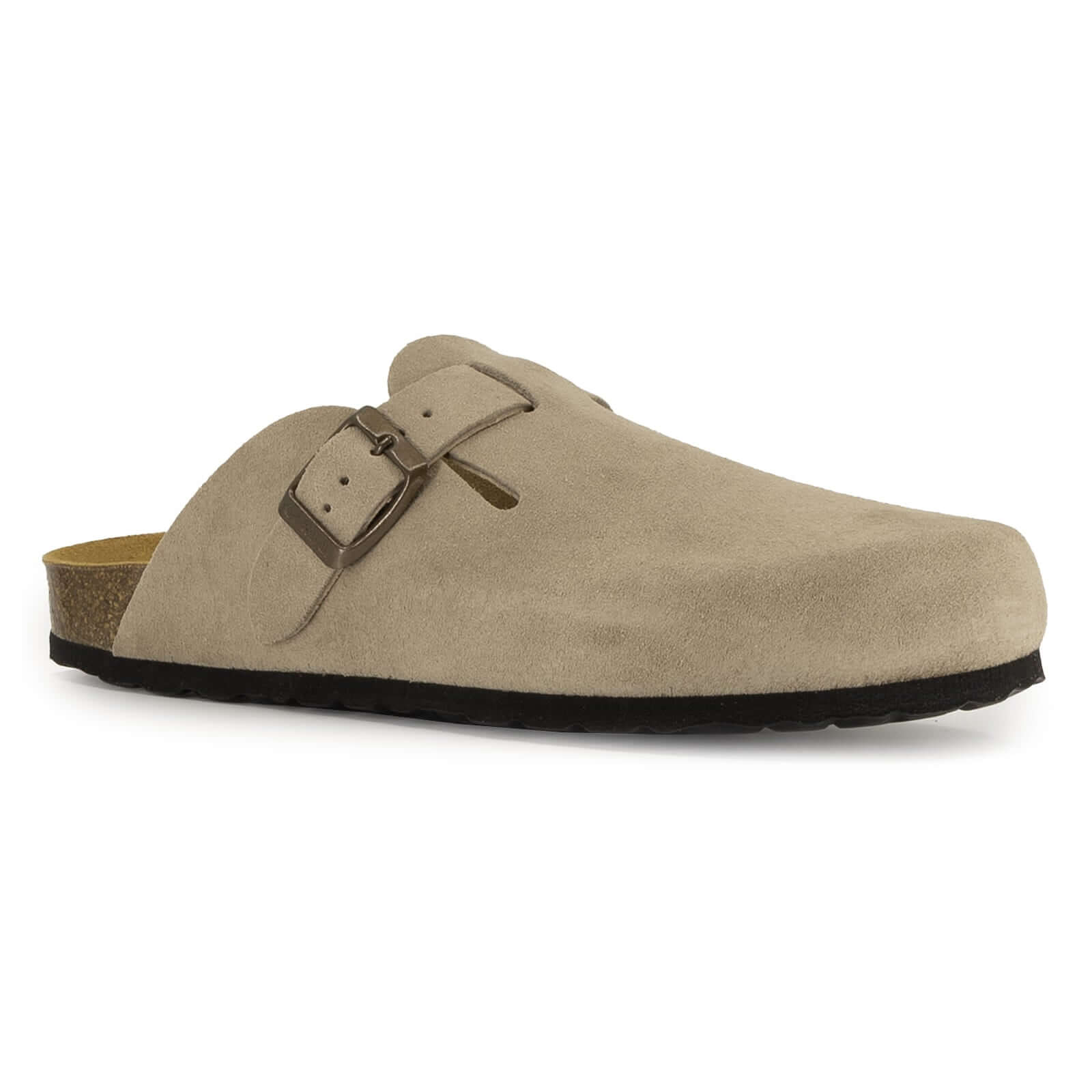 angled side view of gibraltar 2 leather clogs in beige showing suede upper