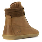 rear heel view of tan barefoot boots showing O&H embossed logo on white background