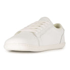 view from front of white barefoot trainers showing laces on white background