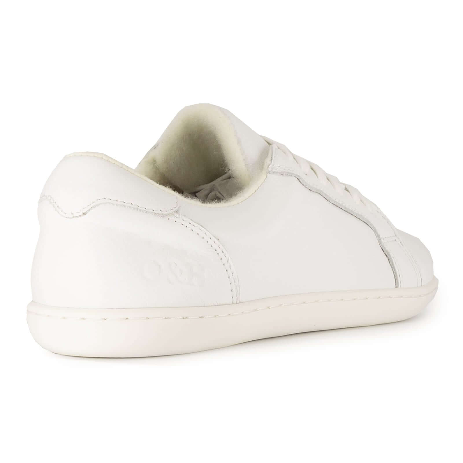 view of heel of white barefoot trainers showing O&H logo and lining on white background