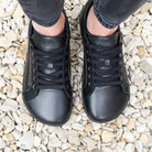 bird eye view of black hazel zip barefoot trainers showing the toe shape