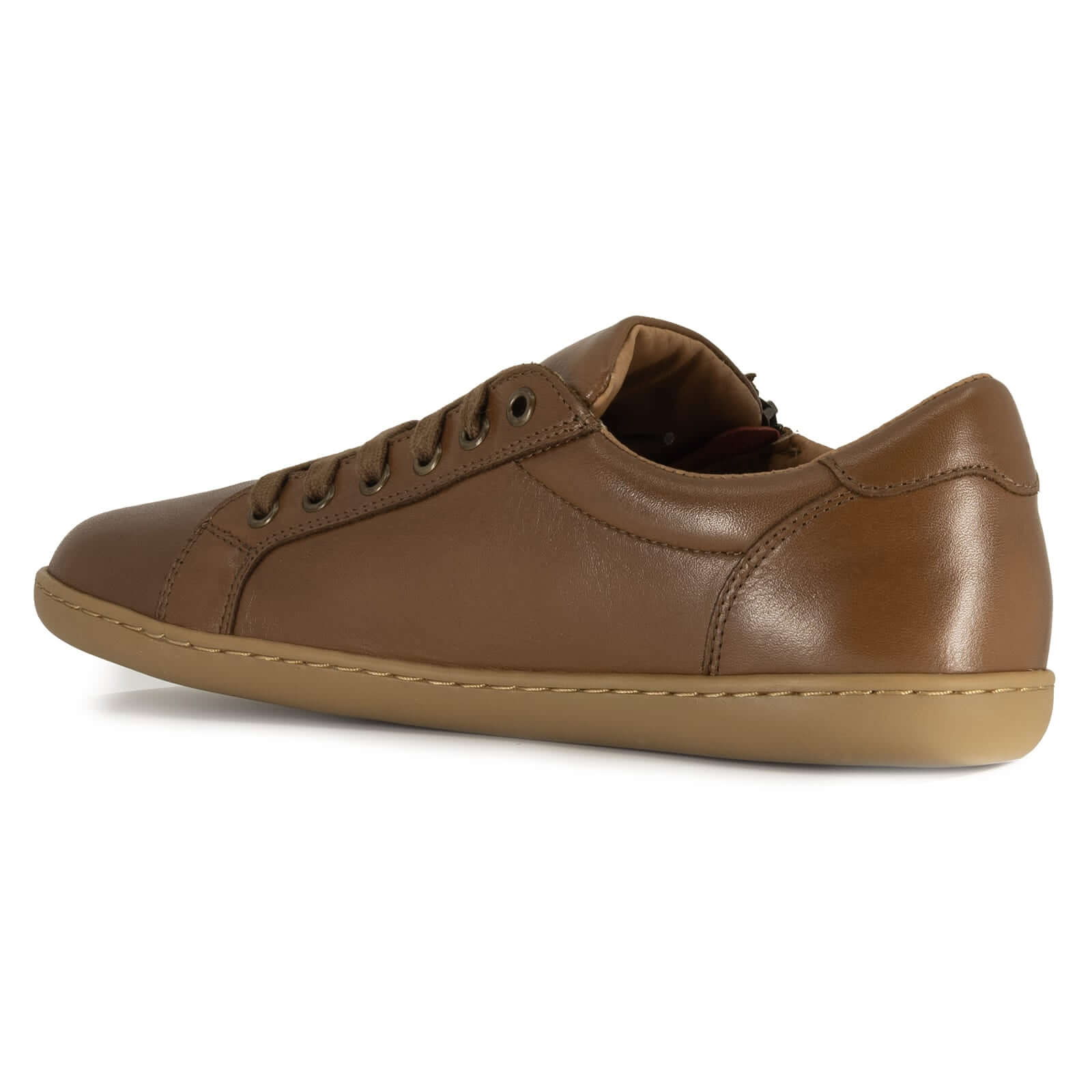tan leather barefoot trainers with gum outsole on white background