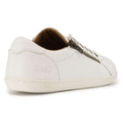 heel view of hazel zip barefoot trainers in white showing O&H branding and zip