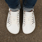 model wearing hazel barefoot trainers showing the toe box shape from a birds eye view