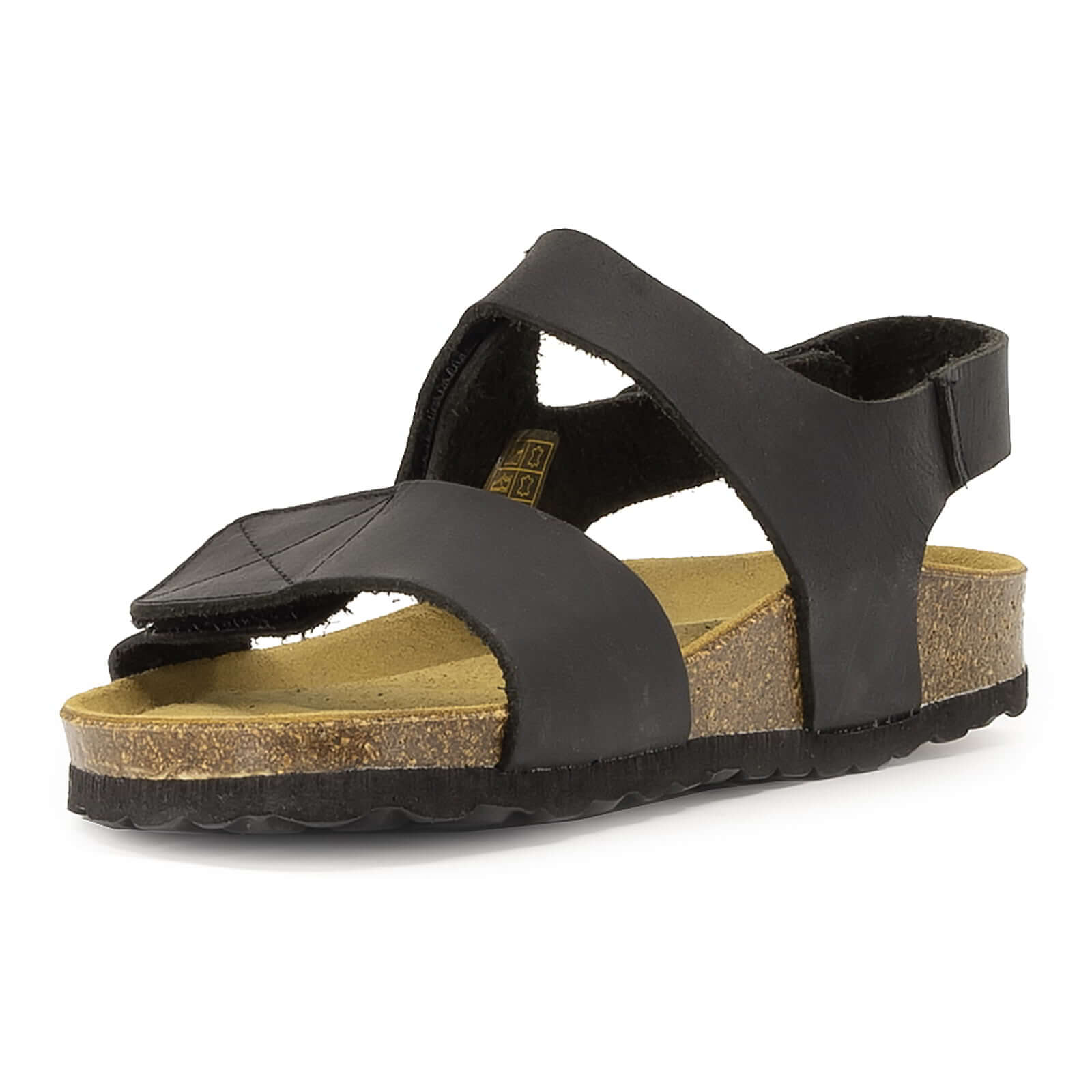 front angle view of black oak & hyde iris adjustable sandals highlighting cross strap upper and contoured cork footbed
