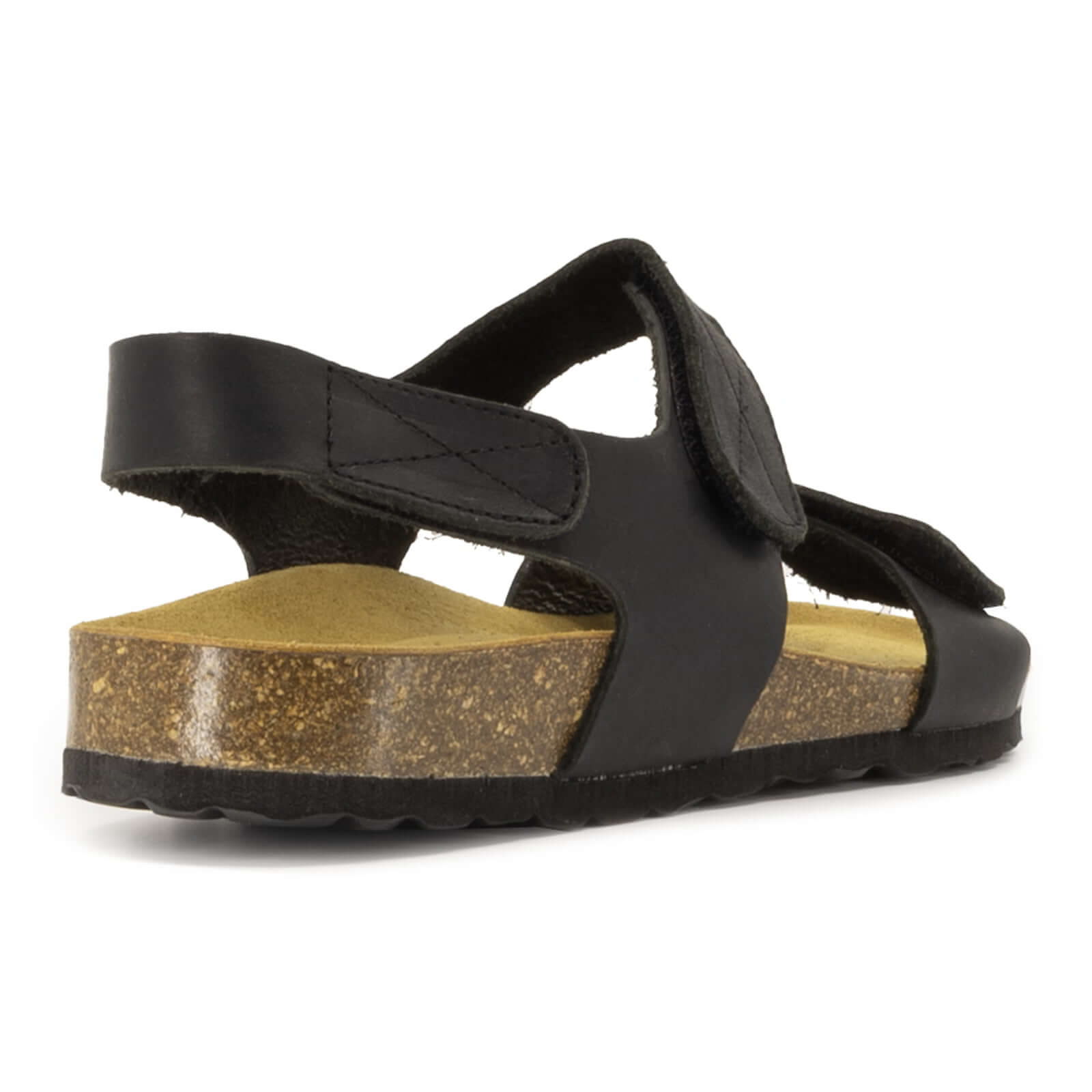 rear angle view of black oak & hyde iris adjustable sandals showing heel strap and cork sole