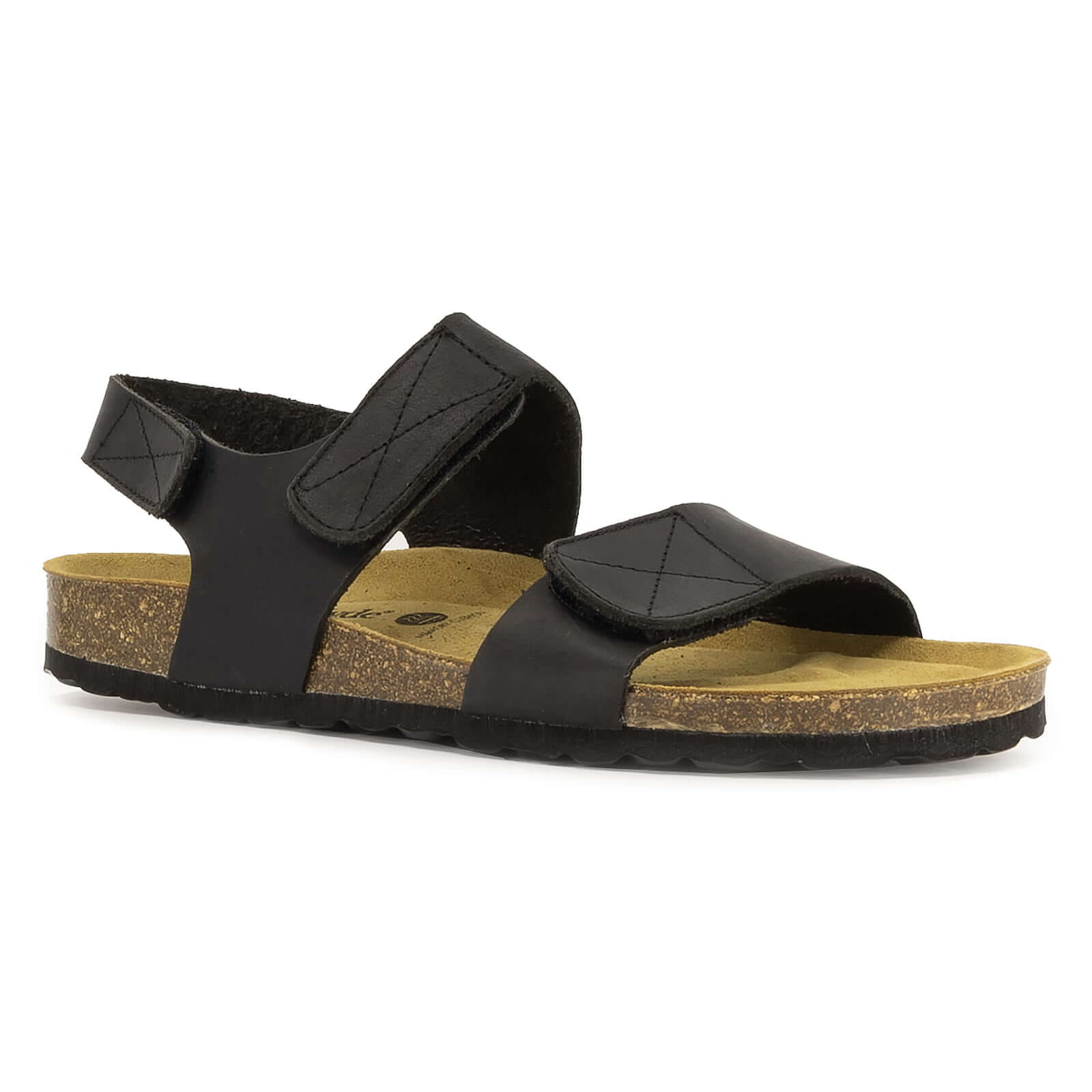 angled front view of black oak & hyde iris adjustable sandals showing open toe design and adjustable strap fastening