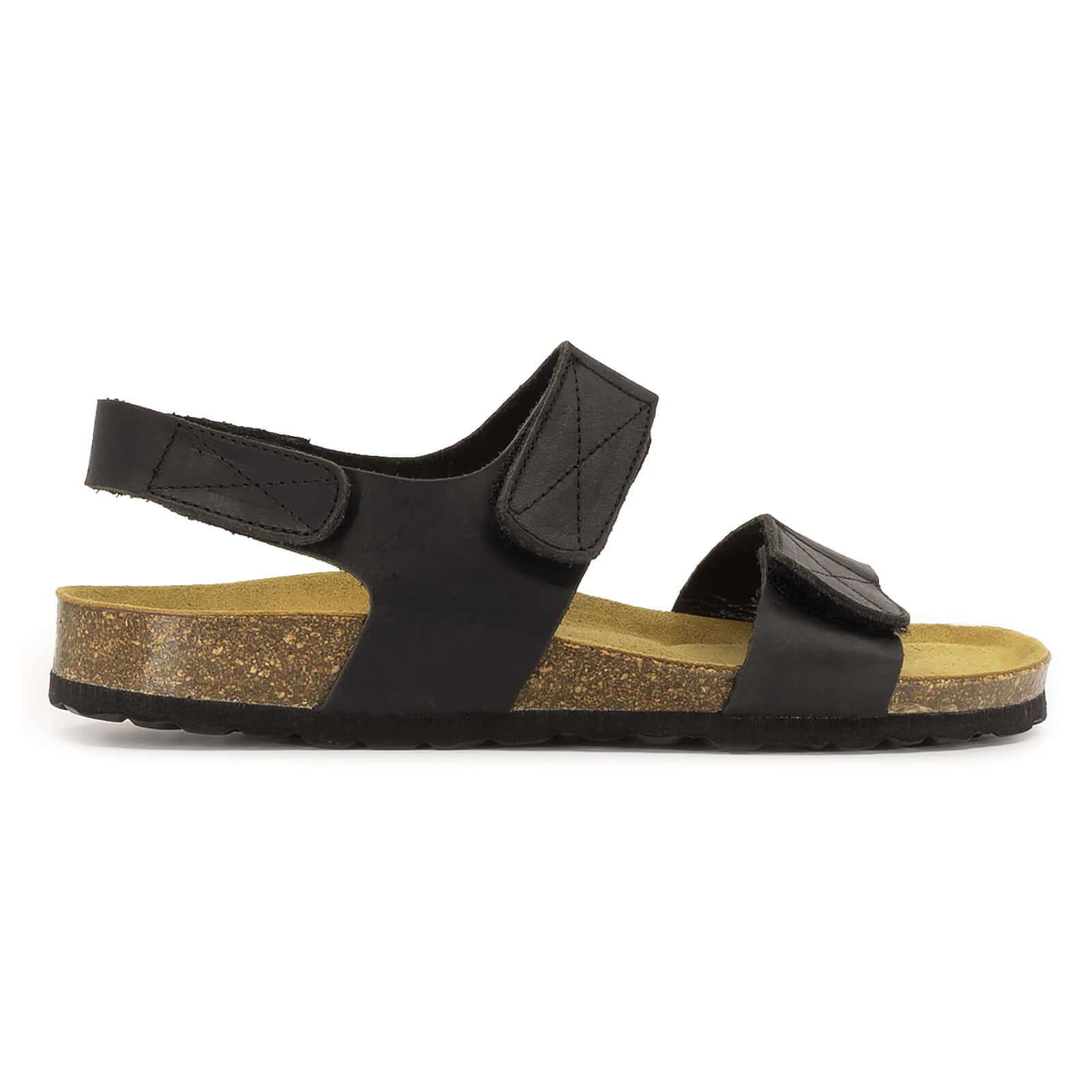 side profile of black oak & hyde iris adjustable sandals with twin adjustable straps and cork footbed