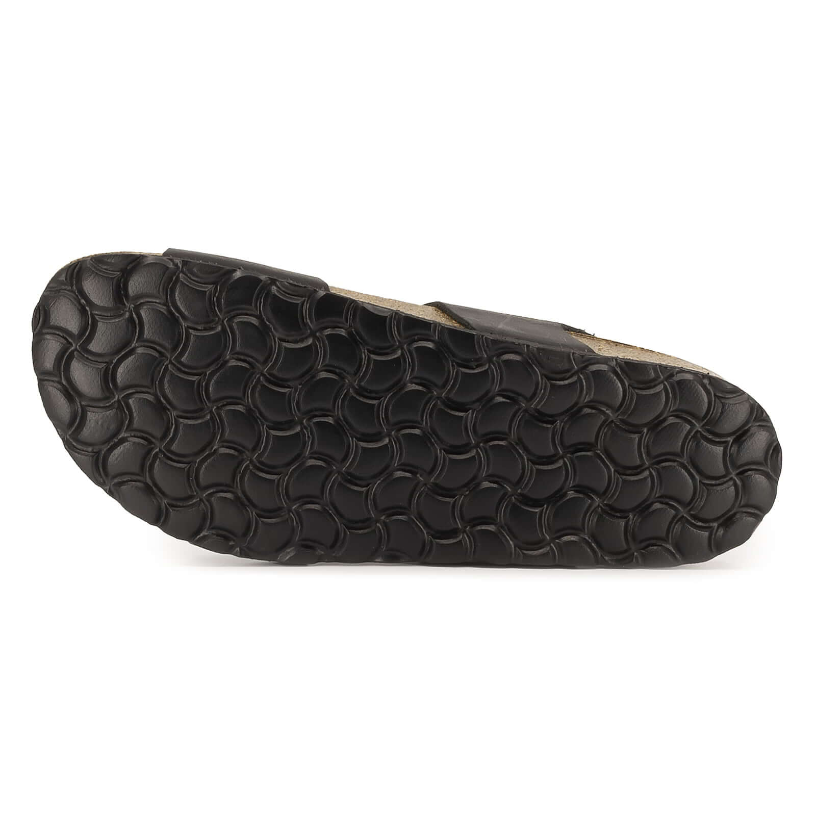 outsole of black oak & hyde iris adjustable sandals showing textured tread pattern