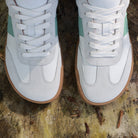 white green juniper barefoot trainers from a birdseye view showing the toe box shape