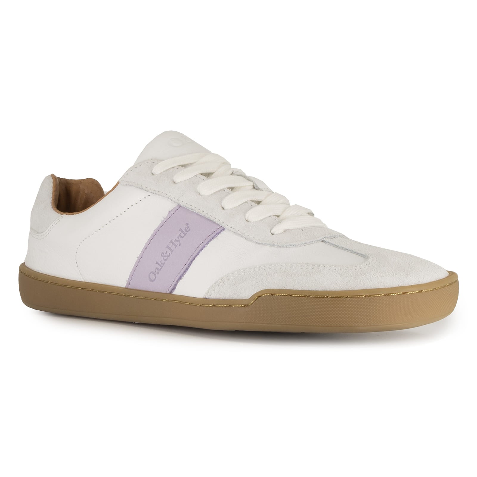 angled image of white barefoot trainer showing purple stripe and branding on white background