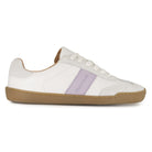 side angle view of white and lilac barefoot trainers on white background