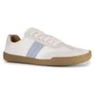 White barefoot trainer with gum sole and blue stripe on side on a white background