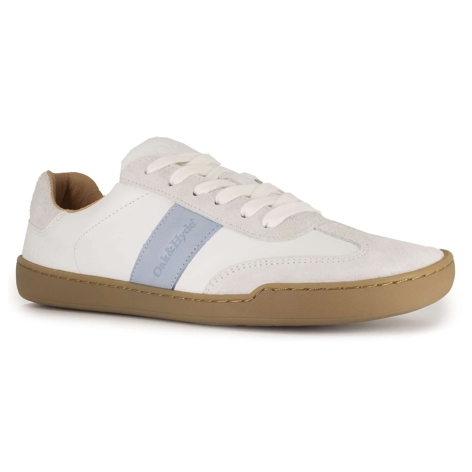 White barefoot trainer with gum sole and blue stripe on side on a white background