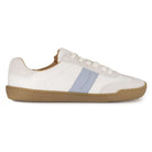 White barefoot trainer with gum sole and blue stripe on a white background