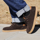 model standing outdoors wearing mens lawson barefoot shoes with jeans