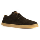 angled front view of dark brown oak & hyde lawson barefoot shoes showing natural toe shape and lace fastening