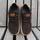 lawson barefoot shoes in dark brown showing a view from the top of shoes to show toe shape