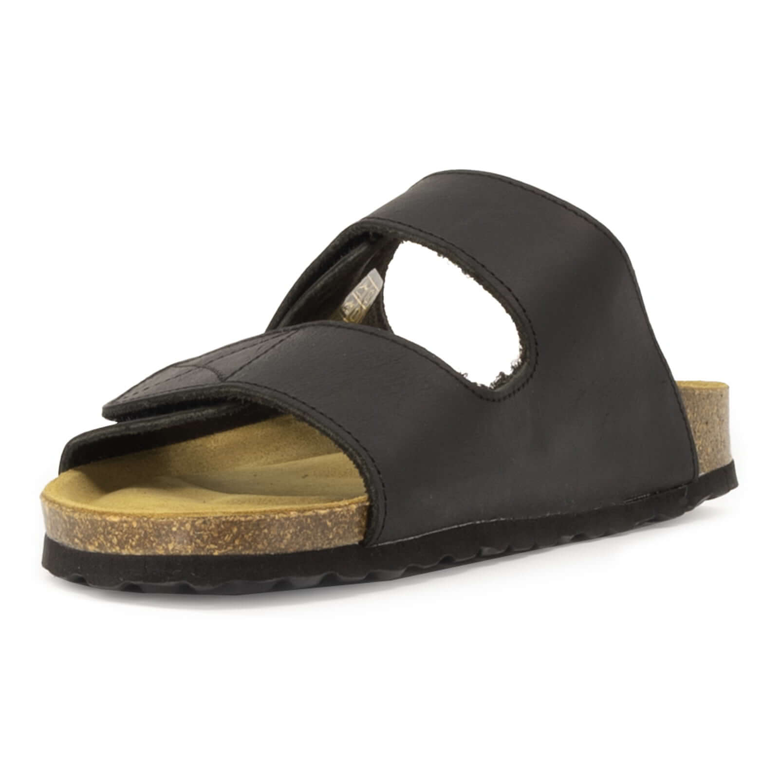 front angle view of black oak & hyde lily adjustable sandals highlighting wide leather straps and contoured cork footbed