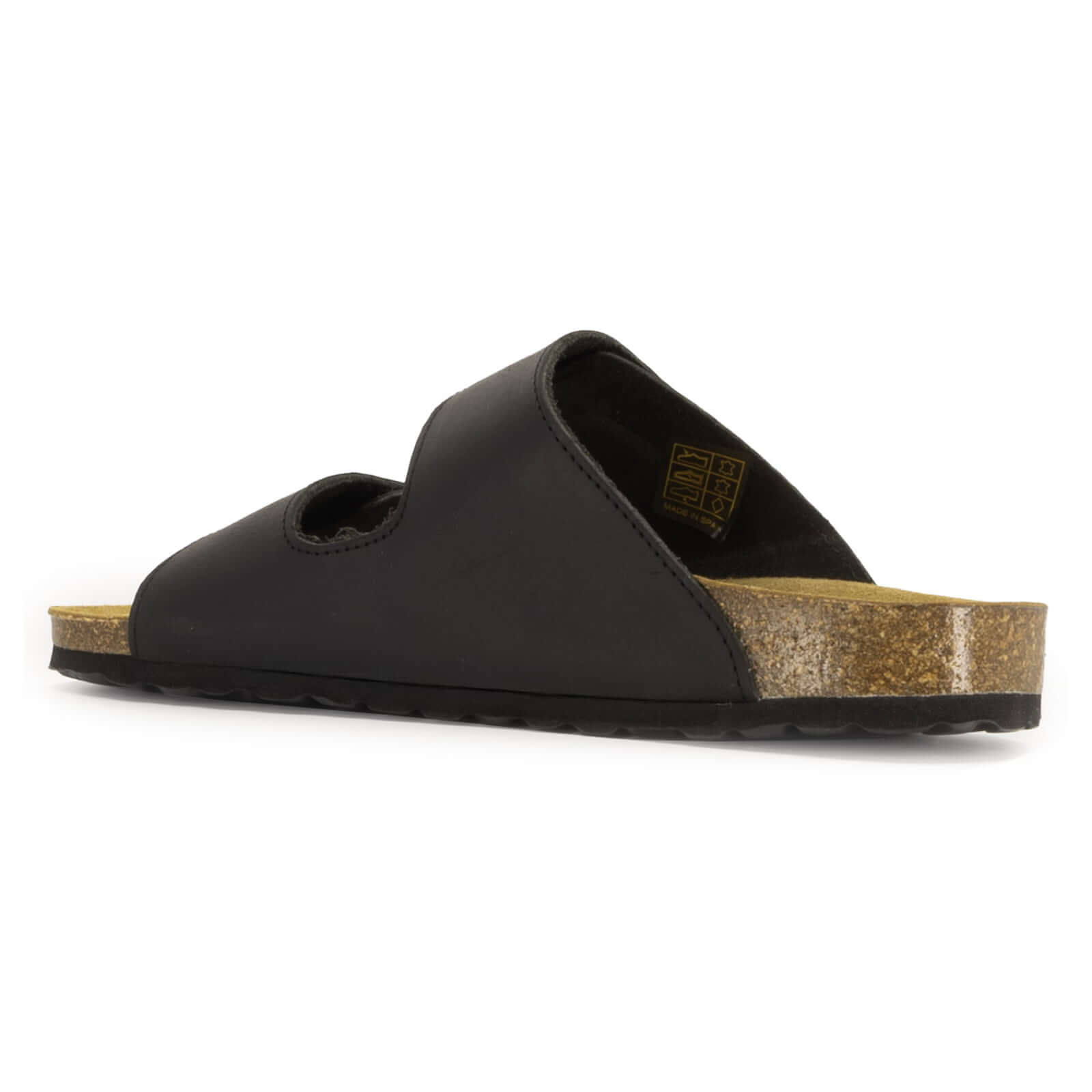 side view of black oak & hyde lily adjustable sandals showing leather upper and cork midsole