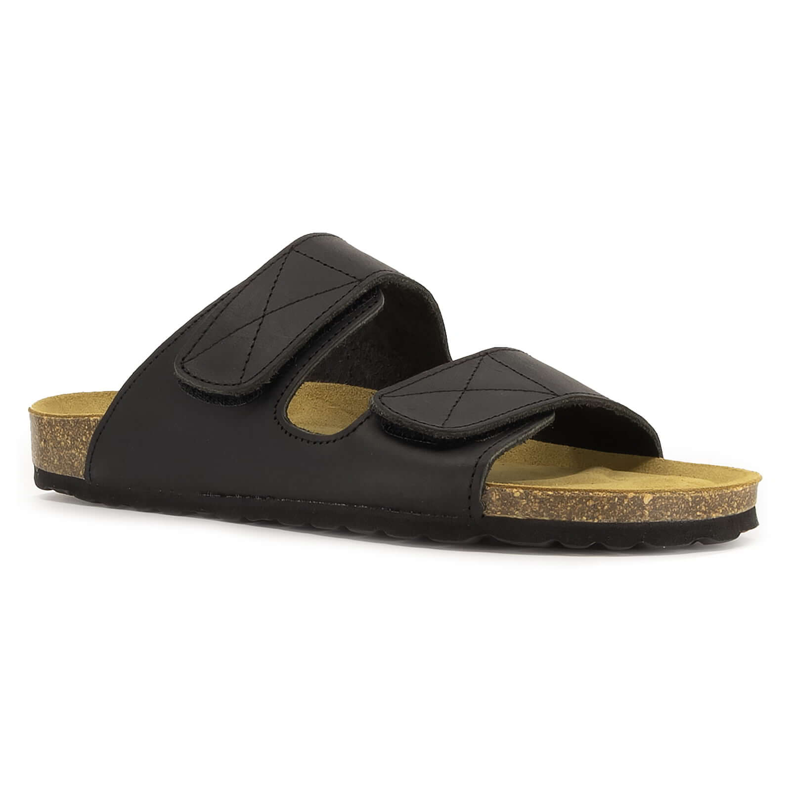 angled front view of black oak & hyde lily adjustable sandals showing open toe design and adjustable strap closures
