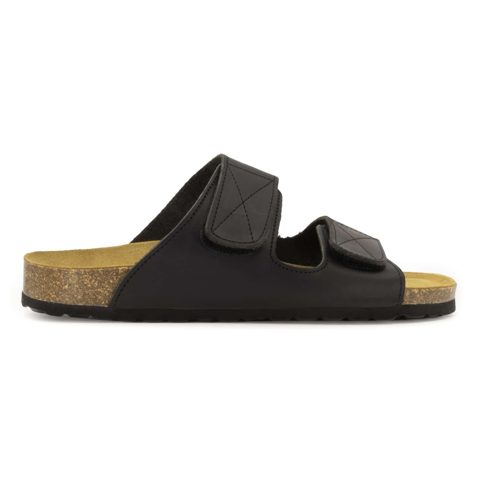 side profile of black oak & hyde lily adjustable sandals with twin adjustable straps and cork footbed