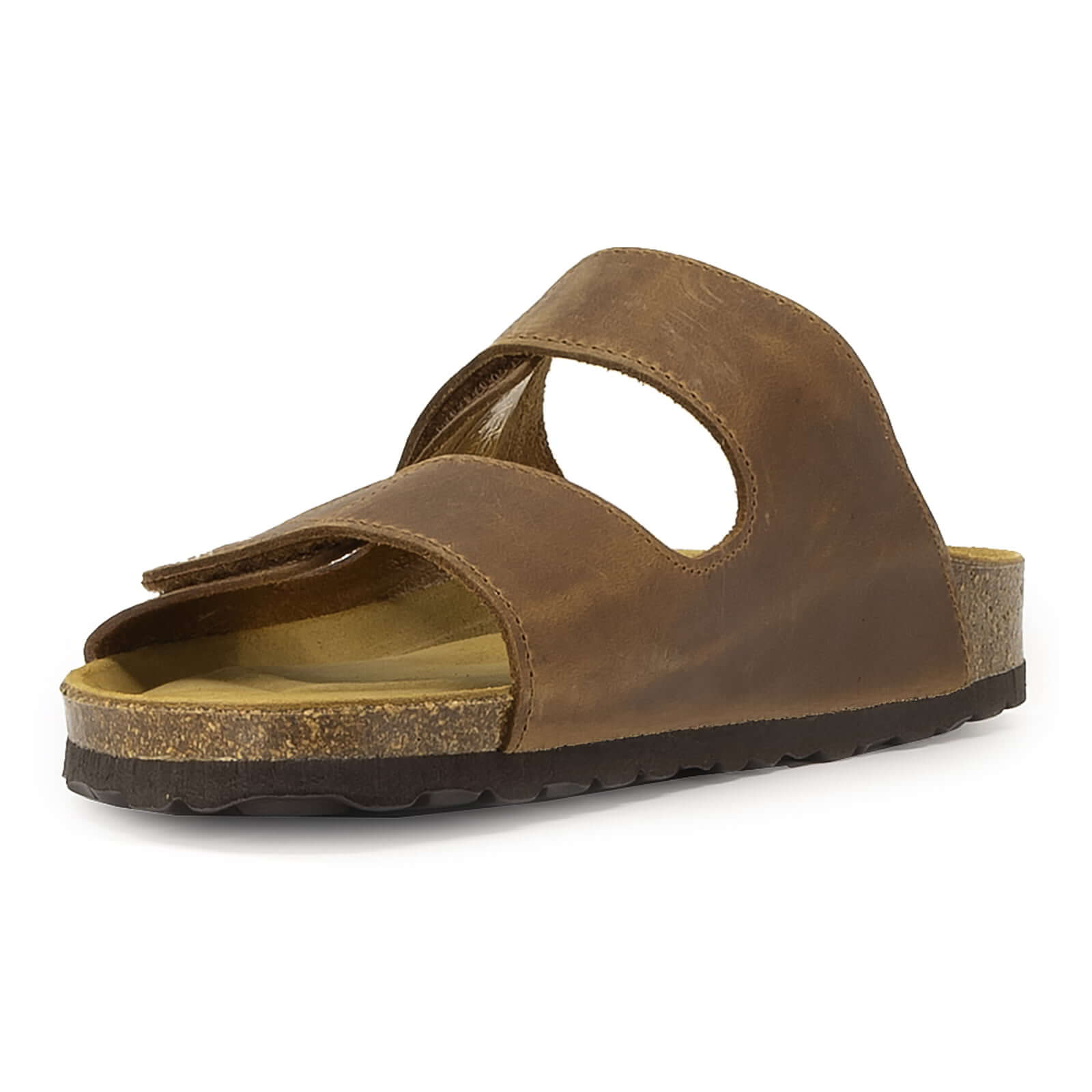 front angle view of tan oak & hyde lily adjustable sandals highlighting wide leather straps and contoured cork footbed