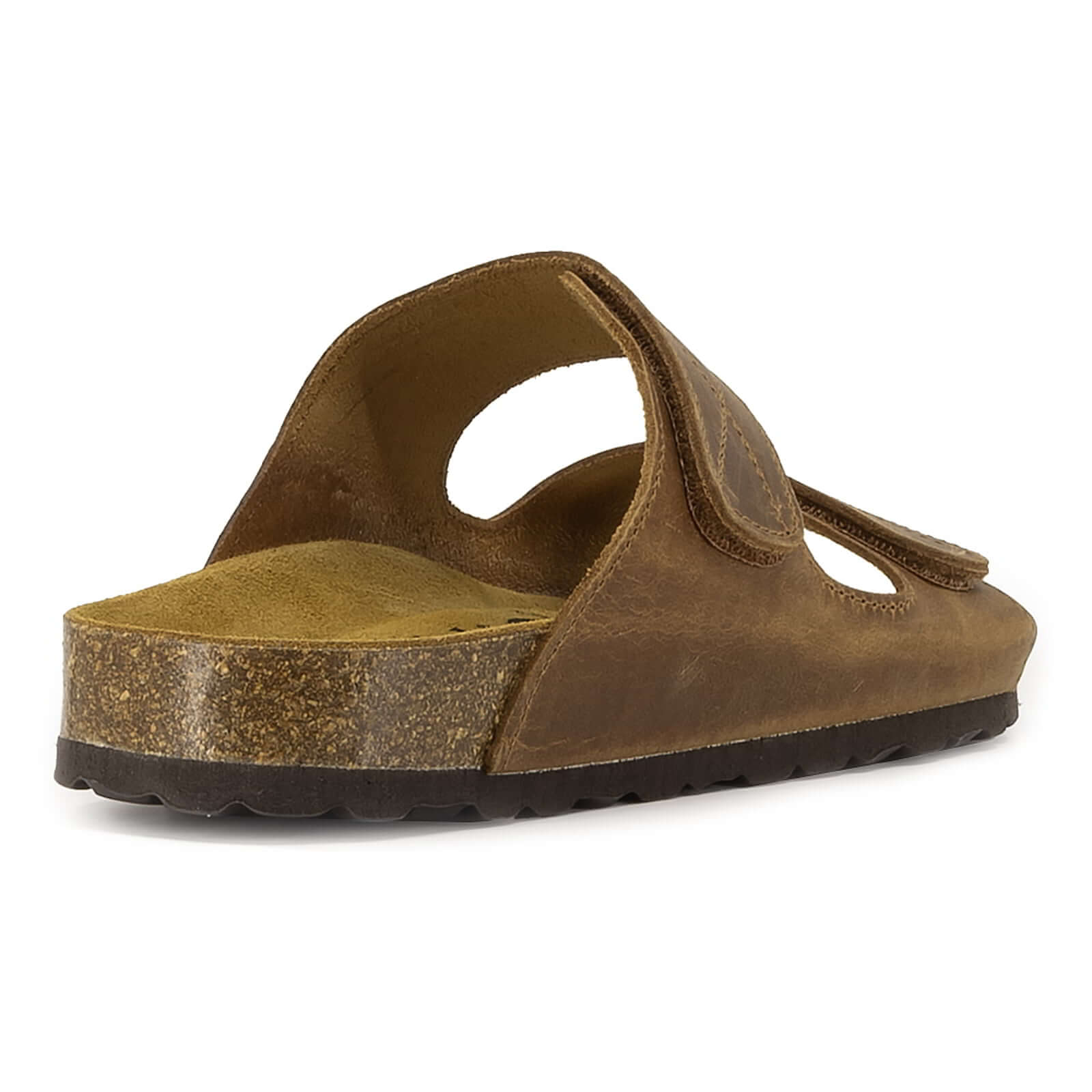 rear angle view of tan oak & hyde lily adjustable sandals showing heel edge and cork sole