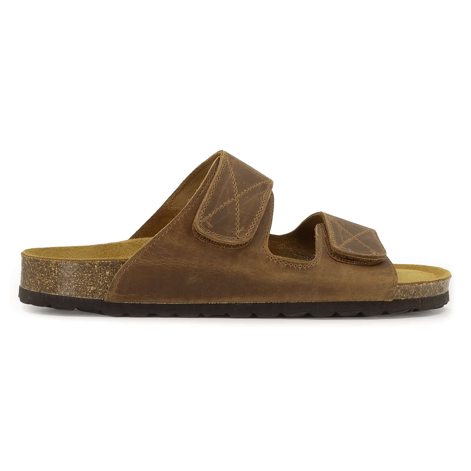 side profile of tan oak & hyde lily adjustable sandals with twin adjustable straps and cork footbed