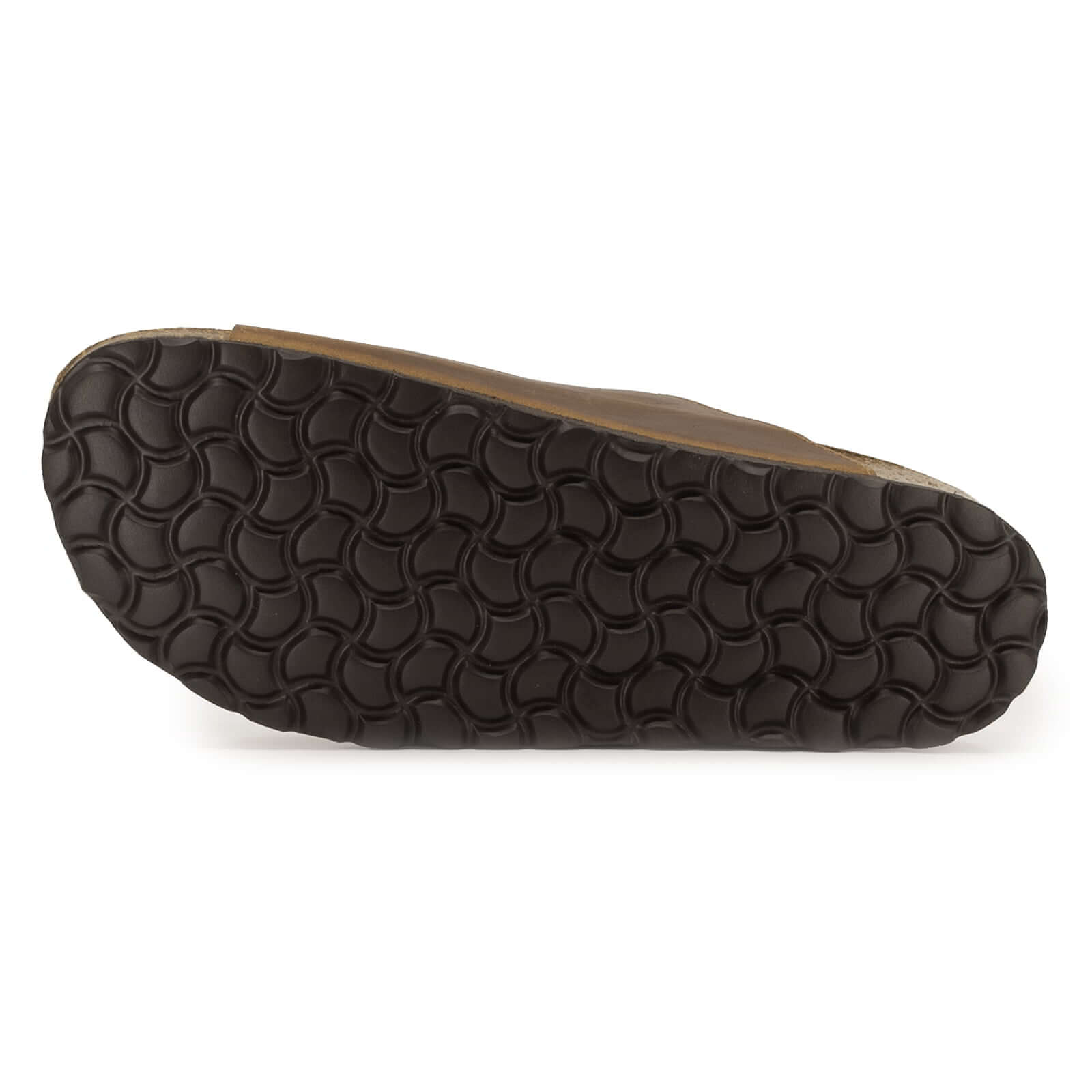 outsole of tan oak & hyde lily adjustable sandals showing textured tread pattern