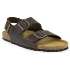 Dark brown leather fisherman sandal viewed from the front and side with cork footbed