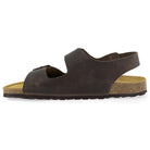Dark brown leather fisherman sandal in side profile with slingback strap and cork sole