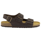 Side view of dark brown leather fisherman sandal with three buckle straps and cork footbed