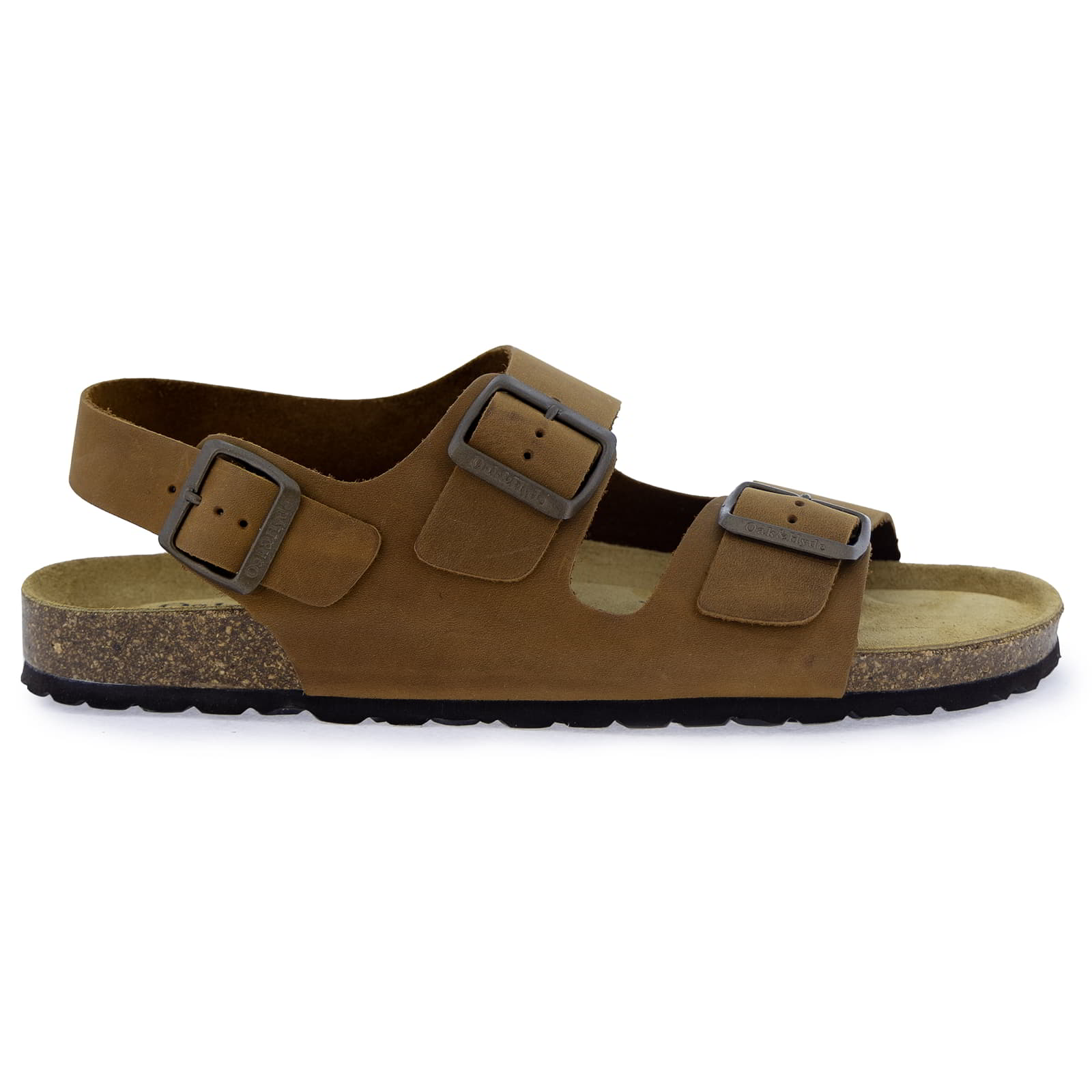 Tan leather fisherman sandal shown from the side with adjustable buckles and cork sole